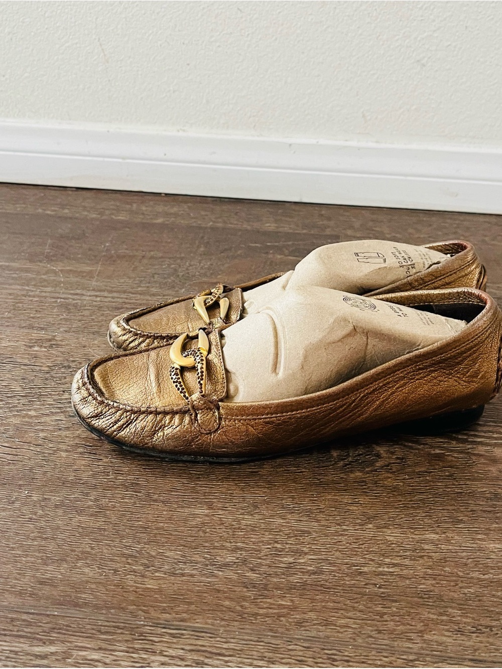 Stuart Weitzman Metallic Bronze Leather Loafers with Gold Bit
